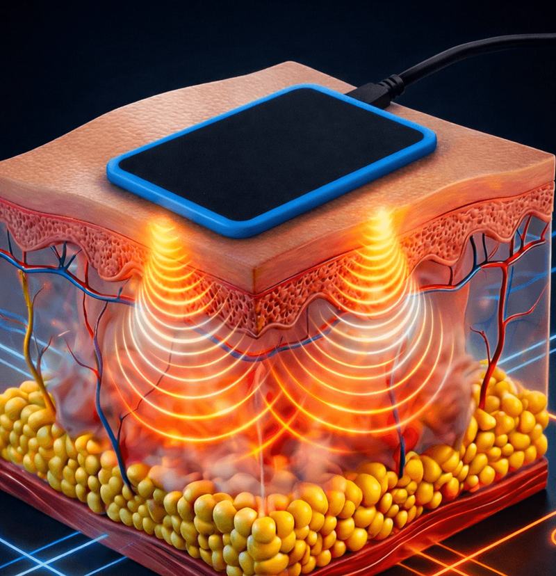 Illustration of a radiofrequency applicator gently warming the layers of the skin