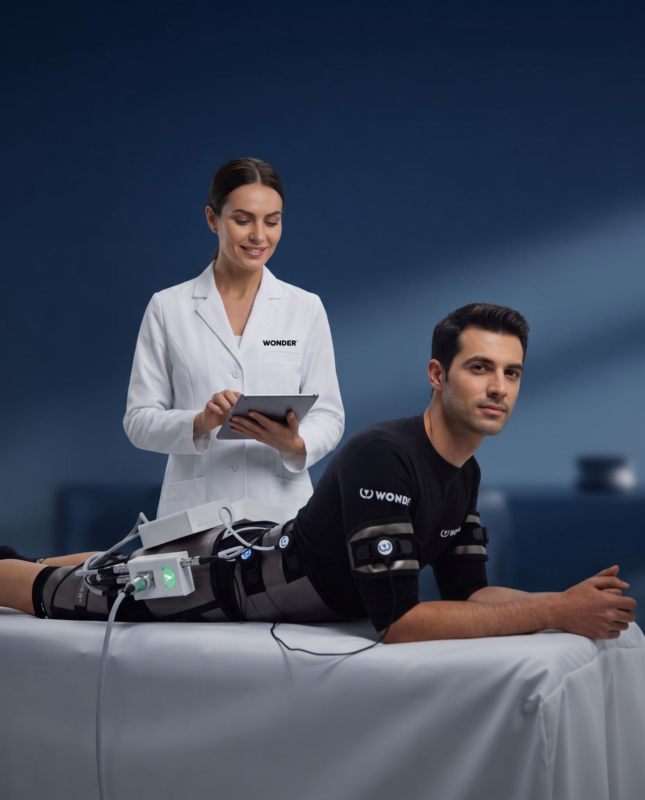Man lying on a treatment bed wearing the Wonder suit and bands; next to him, a specialist in a Wonder lab coat checks the tablet
